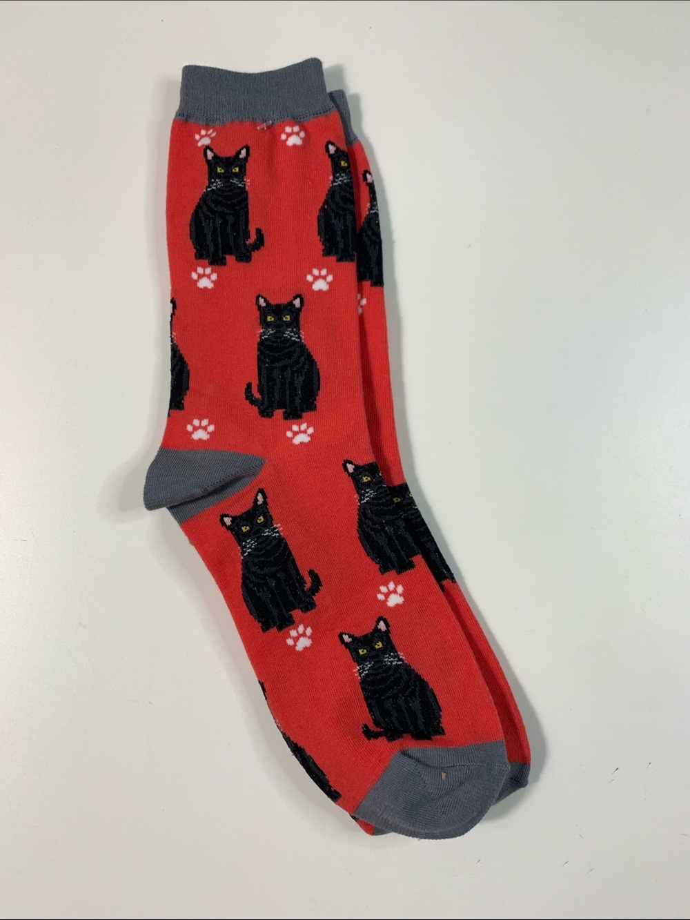 Black Cat Pattern Red Crew Socks with Gray Accents